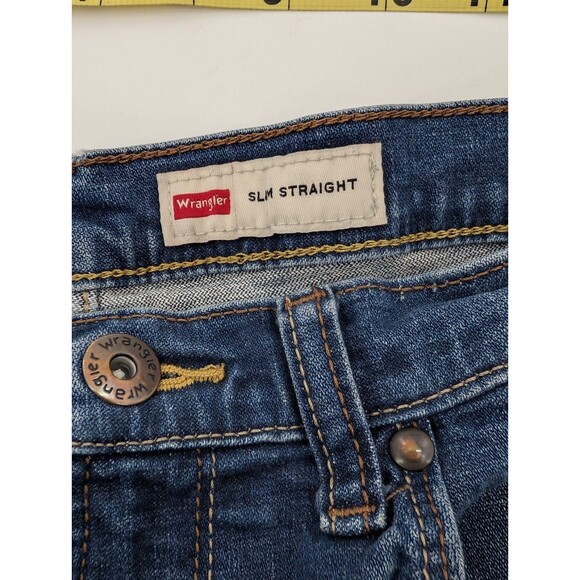 Wrangler Super Distressed Blue Slim Straight Dark Wash Western Work Jeans 32X28 - Picture 5 of 11